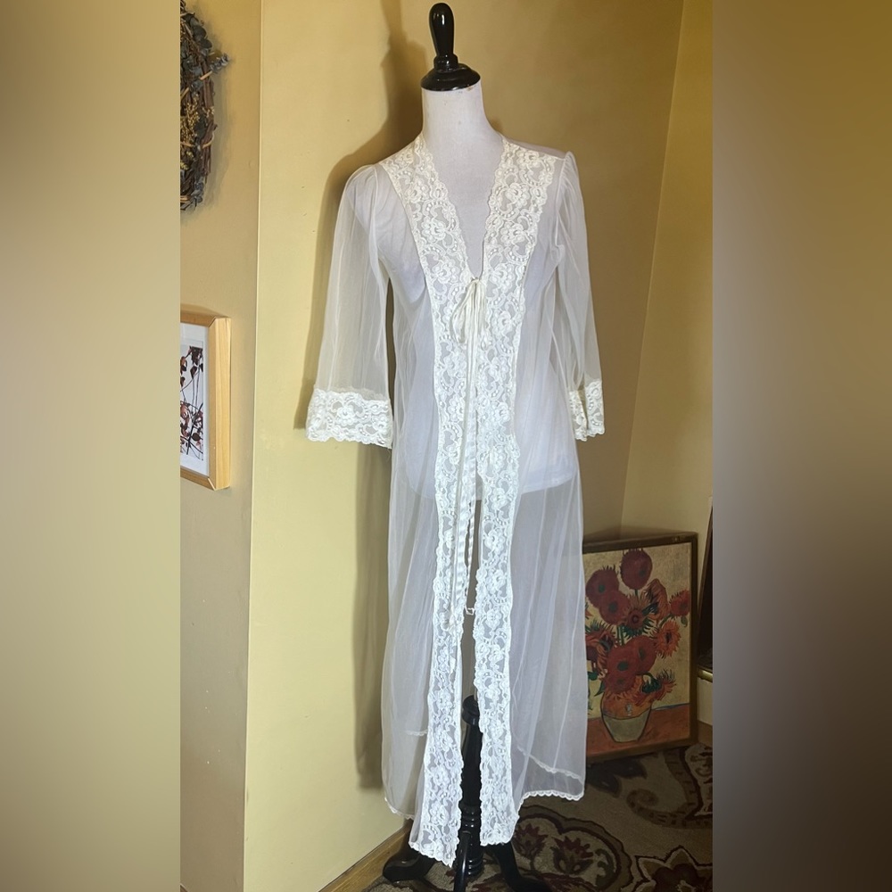 VTG 60s MOVIE STAR Chiffon Long Maxi Robe Nude Illusion Lace Trim Satin Tie SEXY